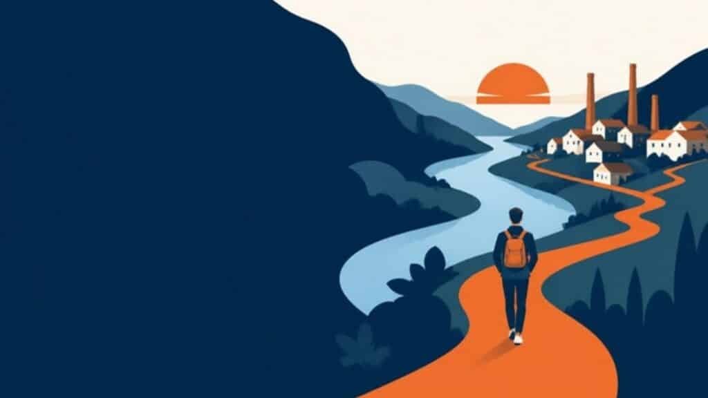 Bilan de compétences à Firminy et dans la vallée de l'Ondaine 2 Bilan de compétences à Firminy et dans la vallée de l'Ondaine avec Praxis Accompagnement : une personne suit un chemin le long de la rivière vers un nouveau départ professionnel